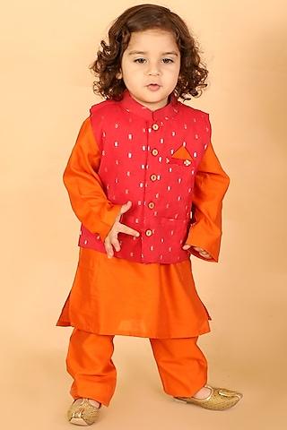 orange kurta set with nehru jacket for boys
