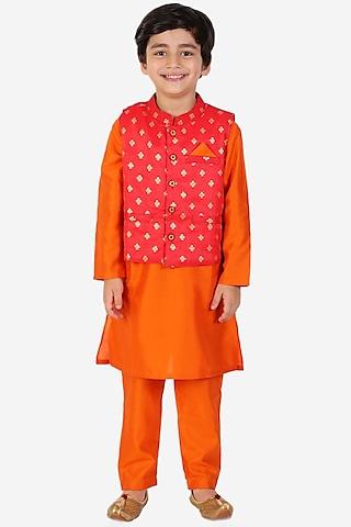 orange kurta set with red nehru jacket for boys