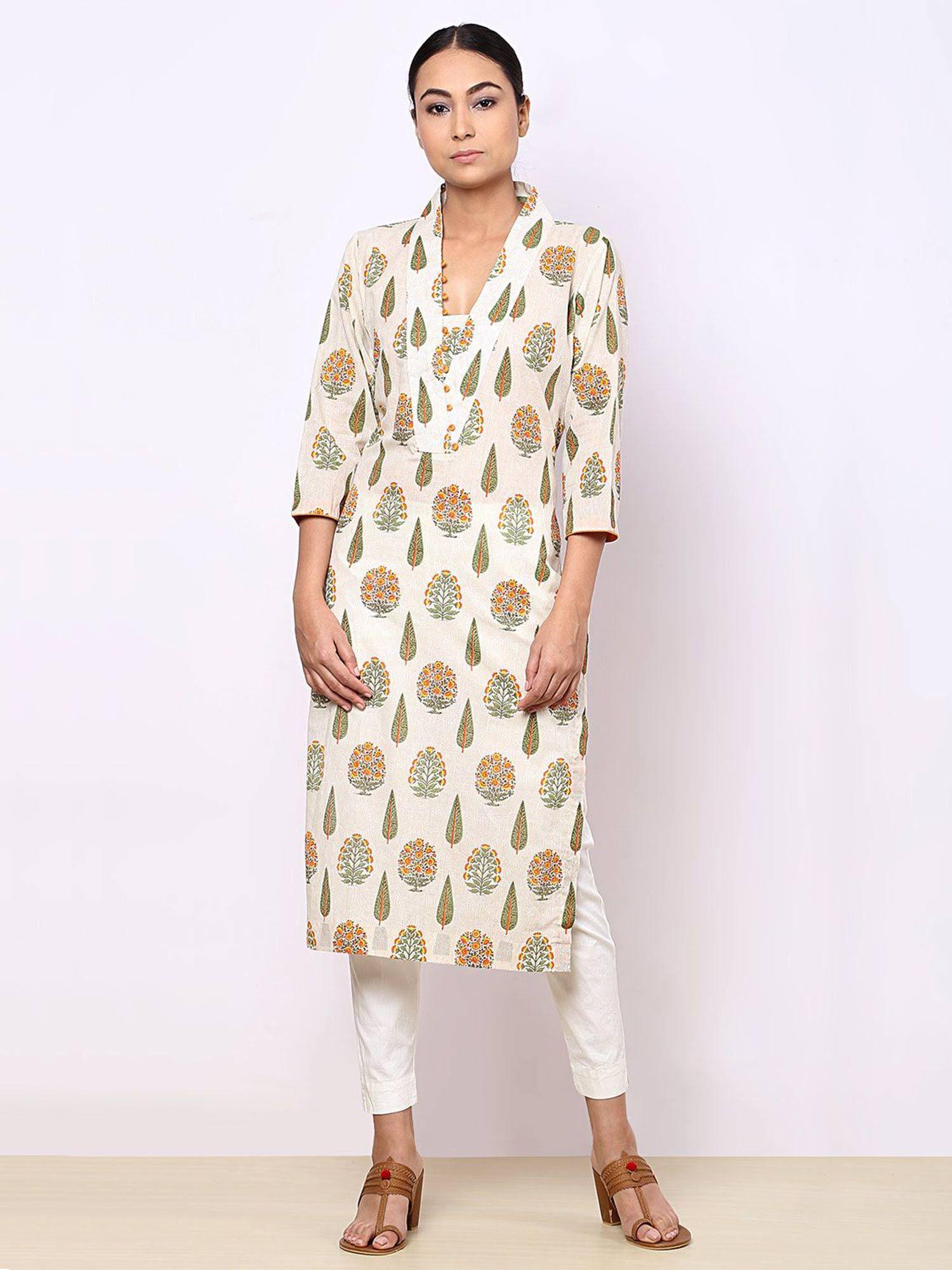 orange leaf block print kurti