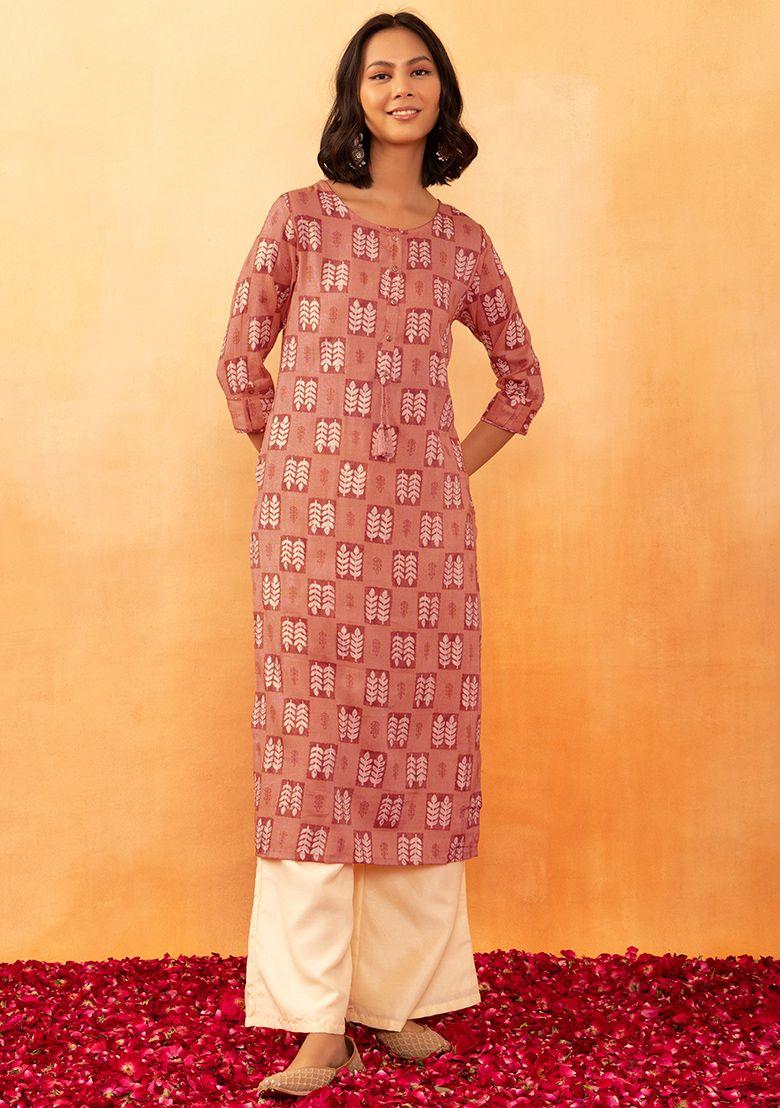 orange leaf block print rayon kurta