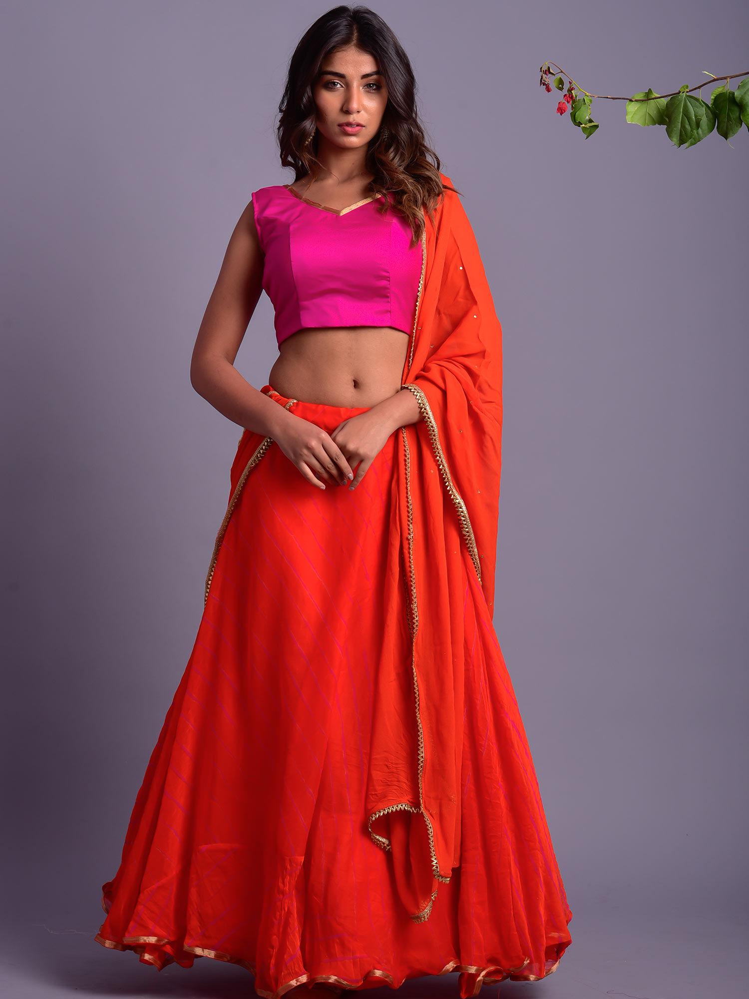 orange leheriya lehenga set with blouse (set of 3)