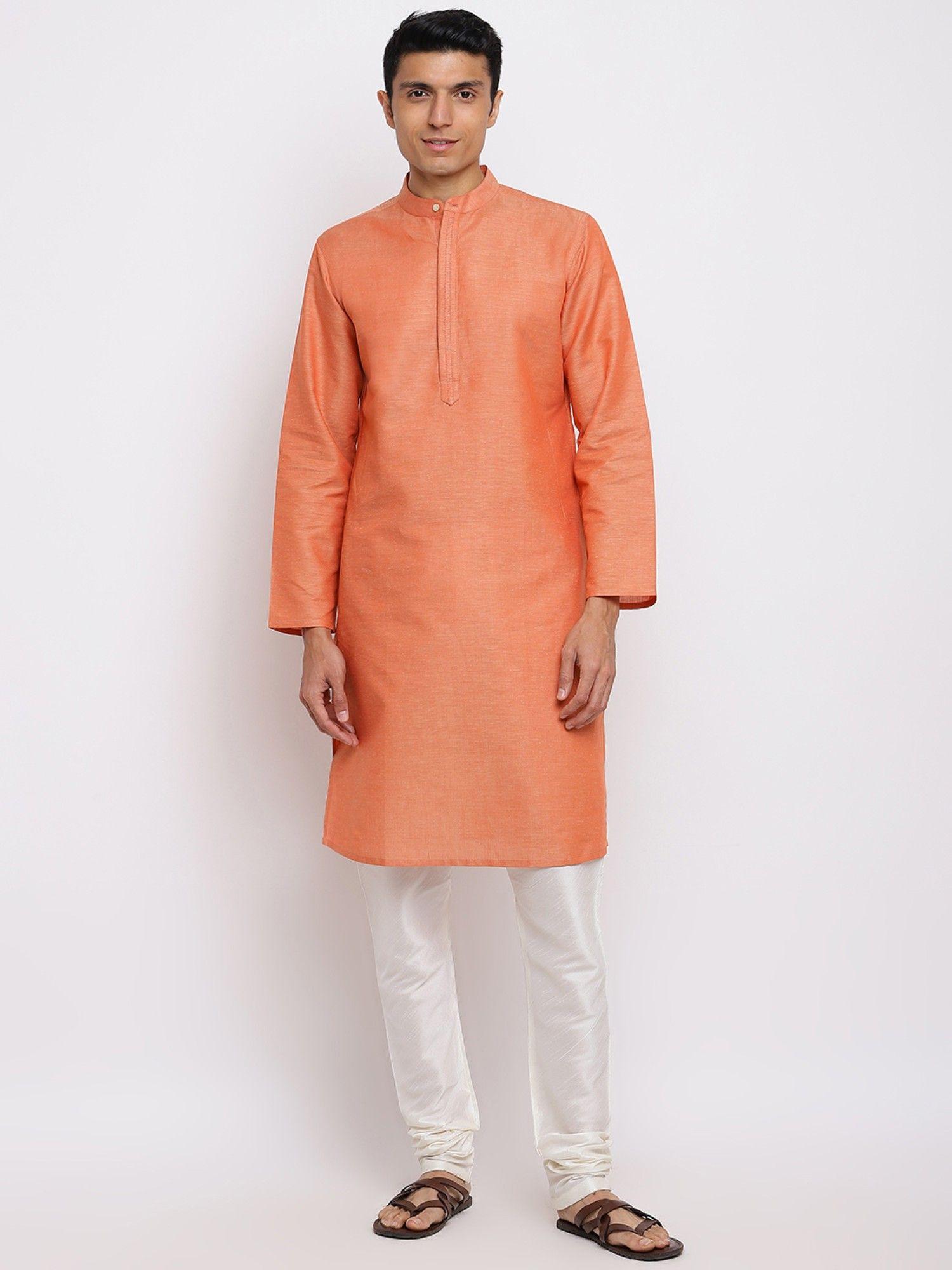 orange linen blend slim fit long kurta