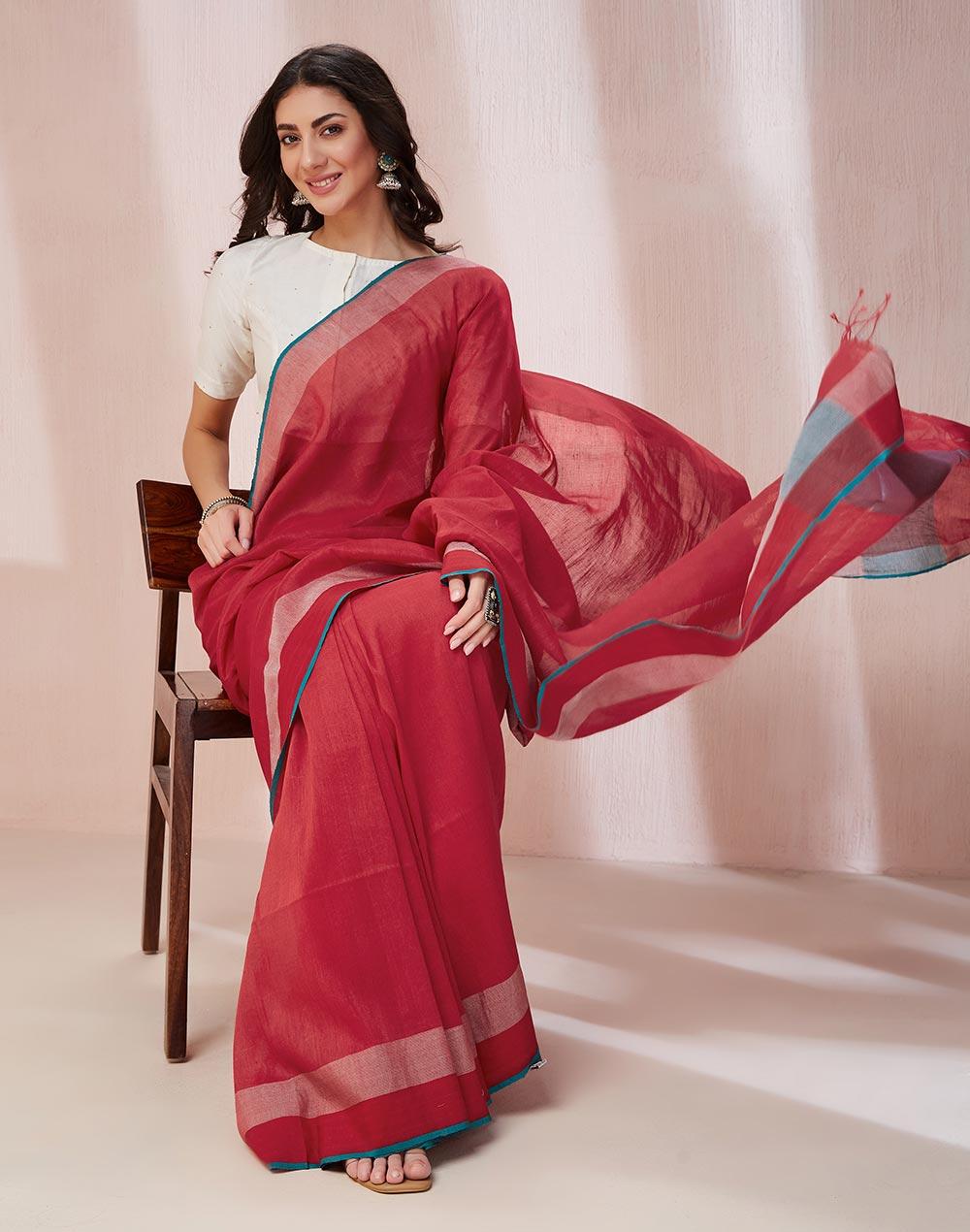 orange linen blend woven sari