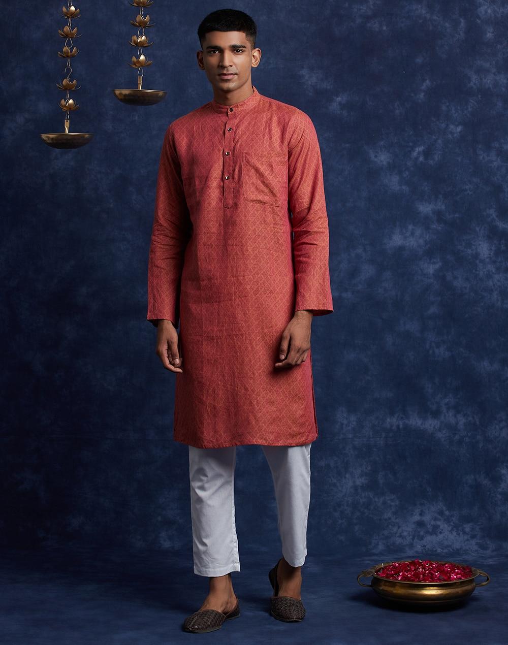 orange linen block printed slim fit kurta