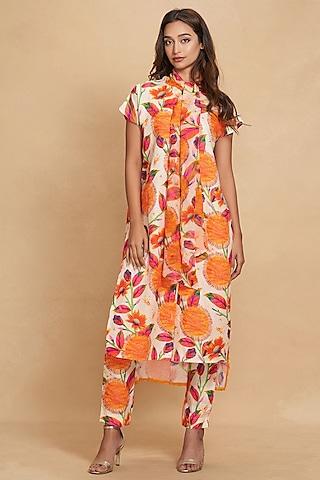 orange linen floral digital printed tunic