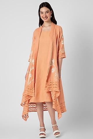 orange linen hand screen printed jacket dress