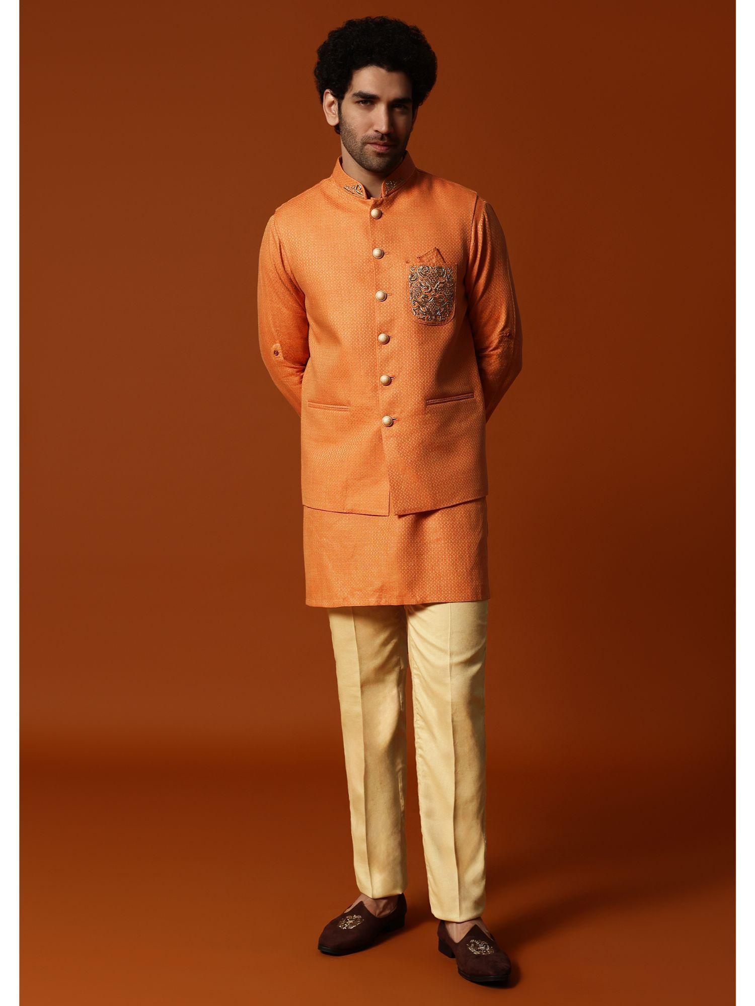 orange linen kurta with jacket and pant for men (set of 3)