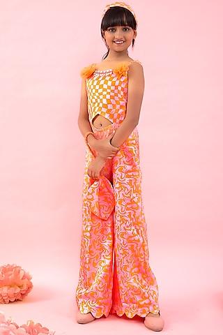 orange linen satin printed jumpsuit with sling bag for girls