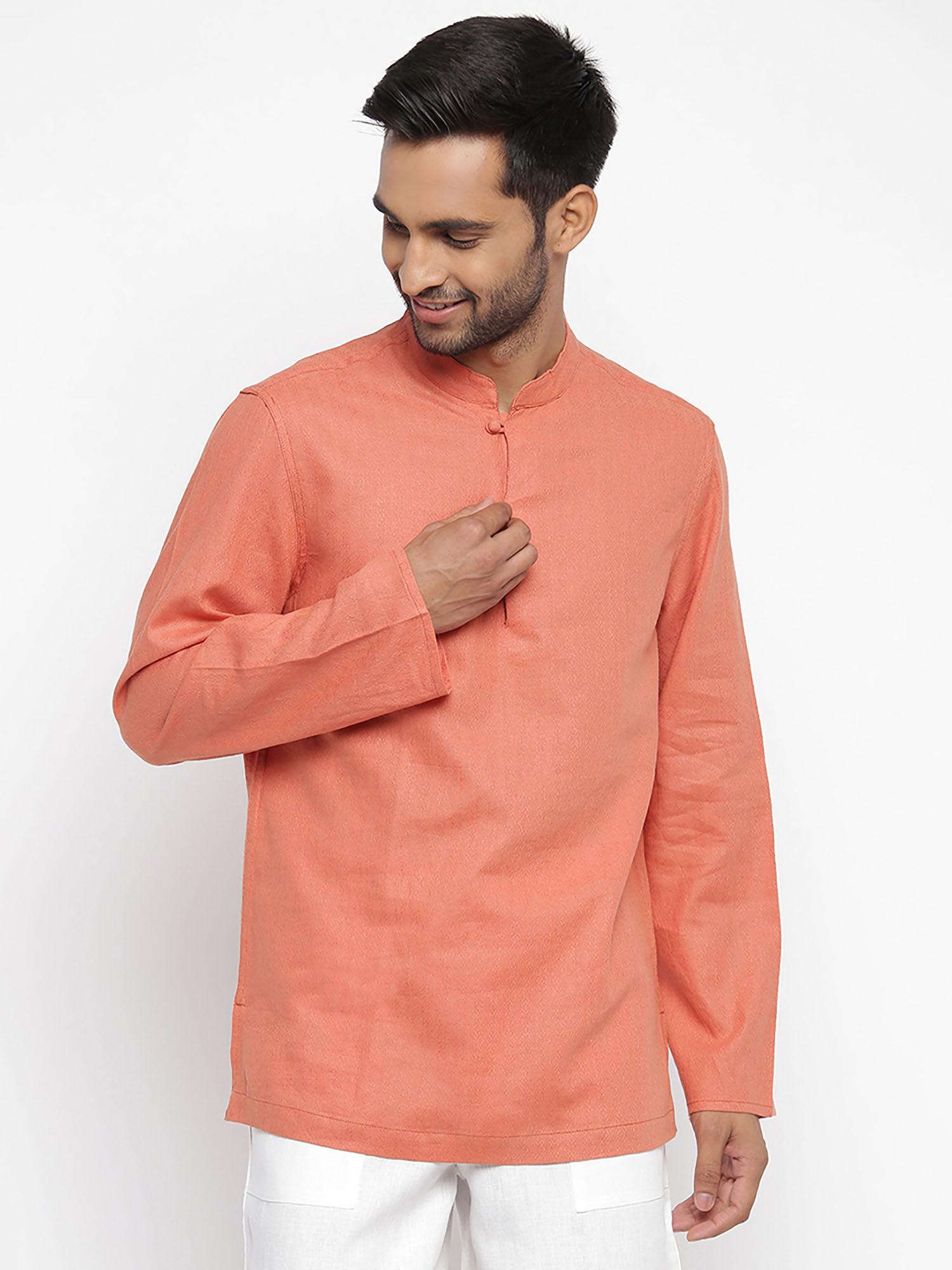 orange linen textured mid short kurta