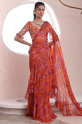 orange lurex chiffon pre-draped saree set