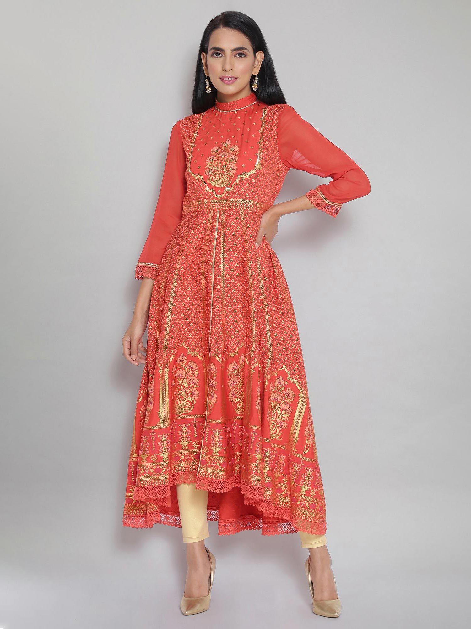 orange mandarin collar printed flared kurta