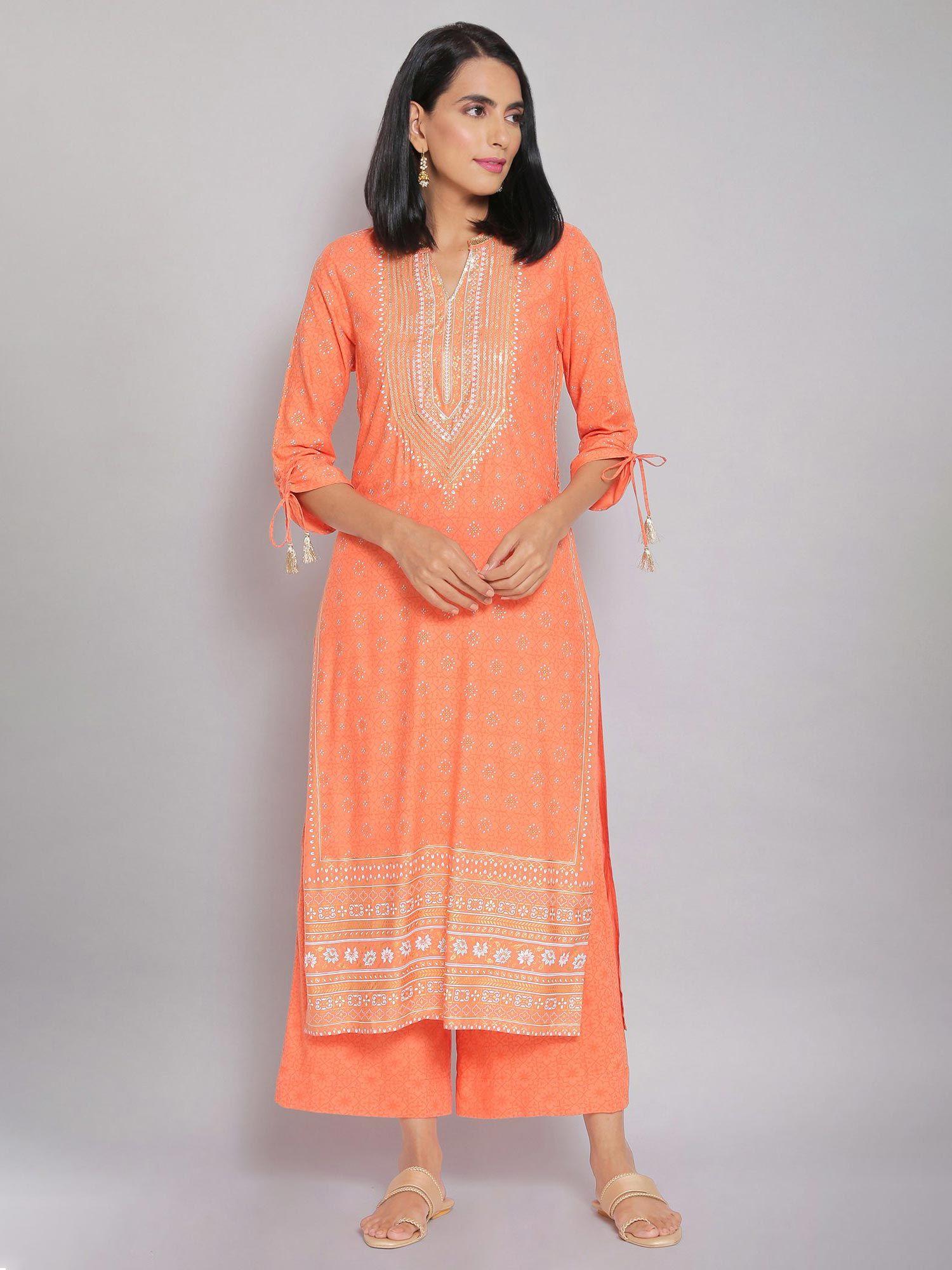 orange mandarin collar printed straight kurta