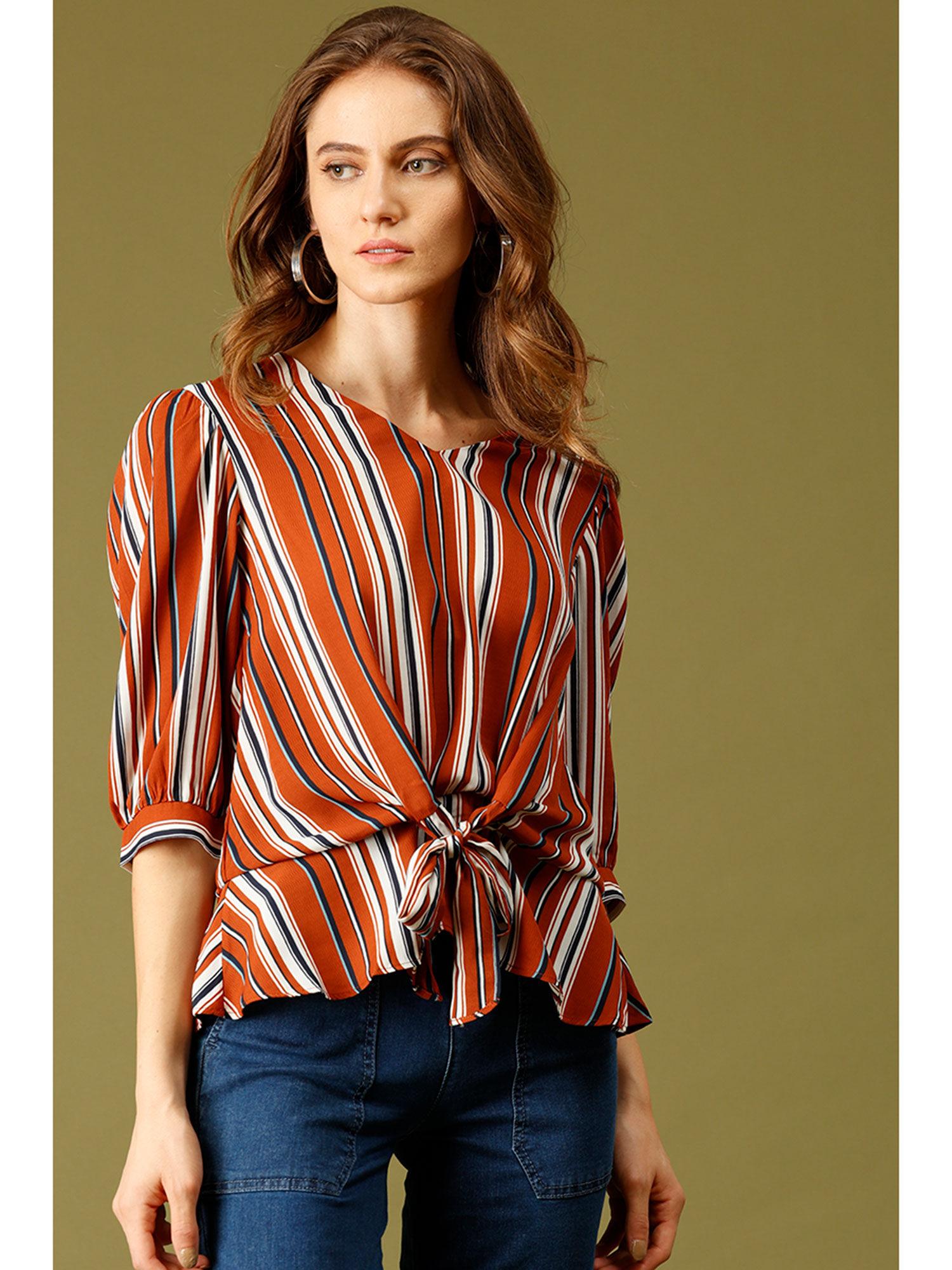 orange medium length v-neck polyester top