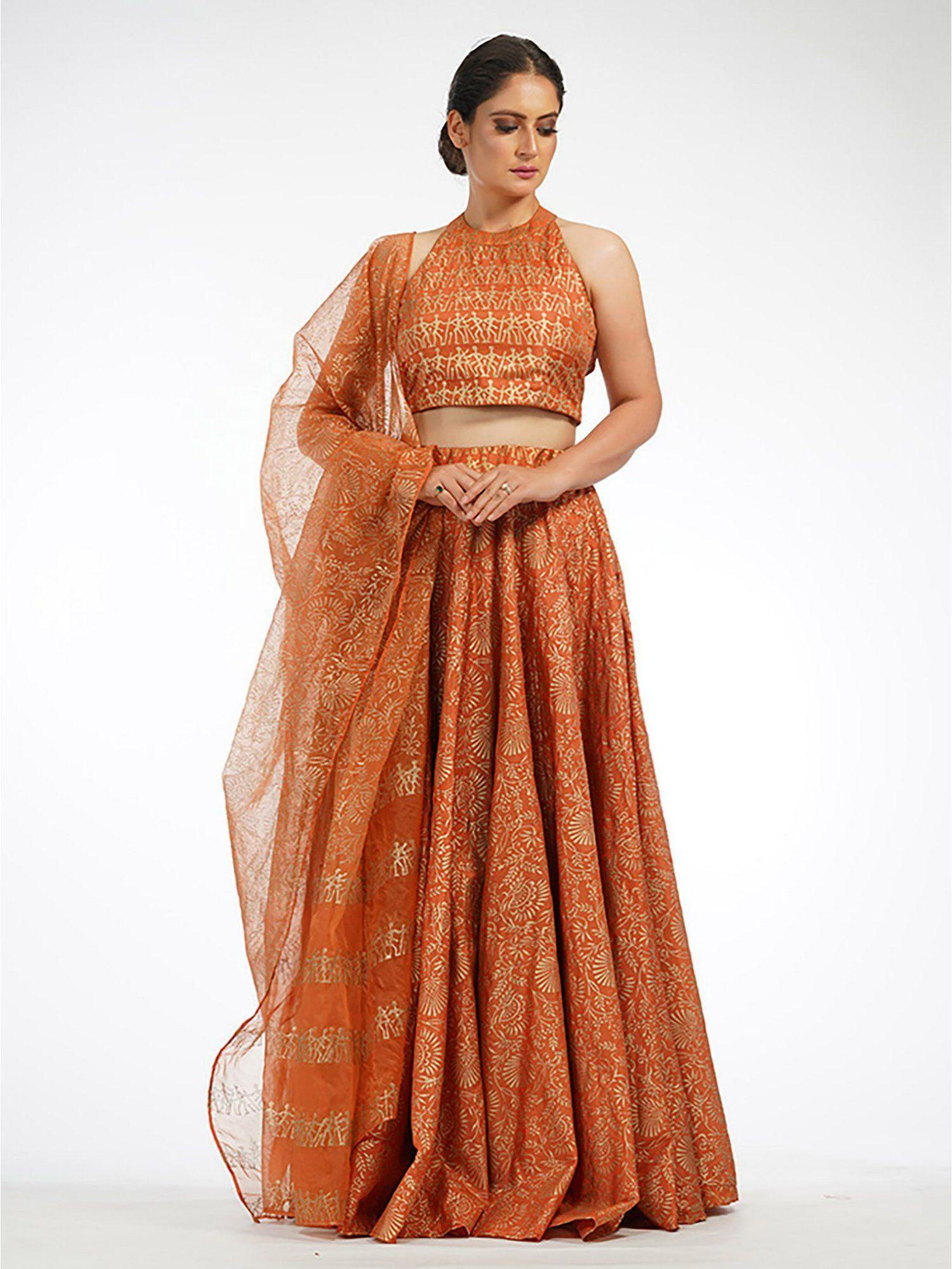 orange metallic hand painted lehenga (set of 3)