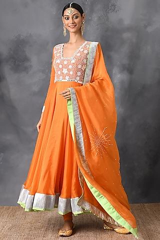 orange mirror & zardosi embroidered anarkali set