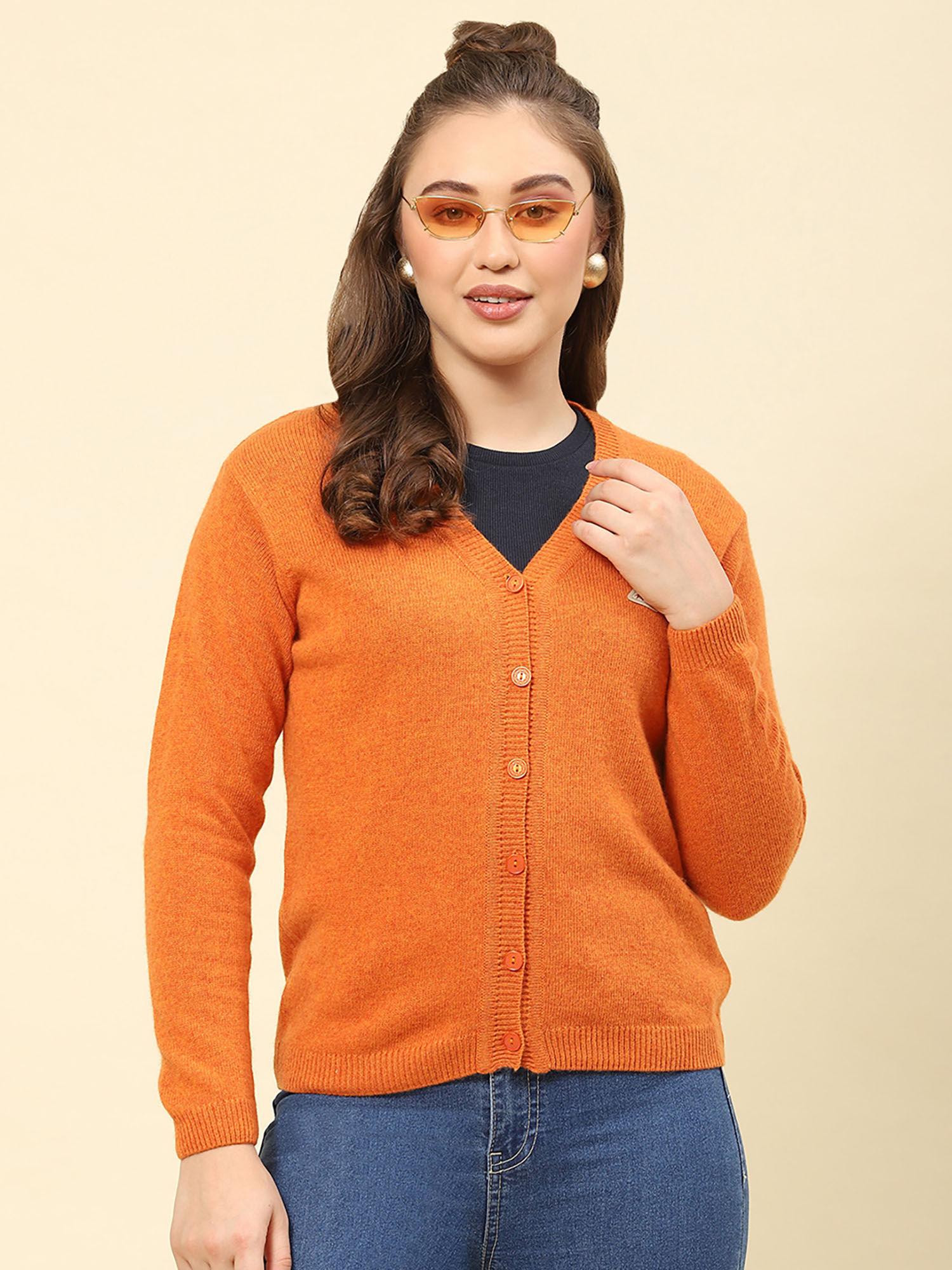 orange mix solid v neck cardigan