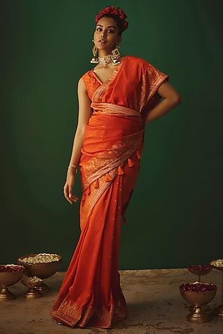 orange moonga silk woven zari work saree set