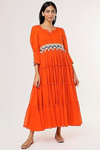 orange mulmul tiered midi dress
