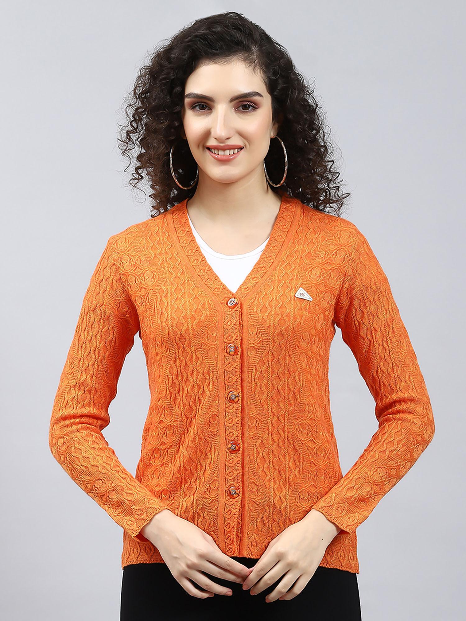 orange multi self design v neck cardigan