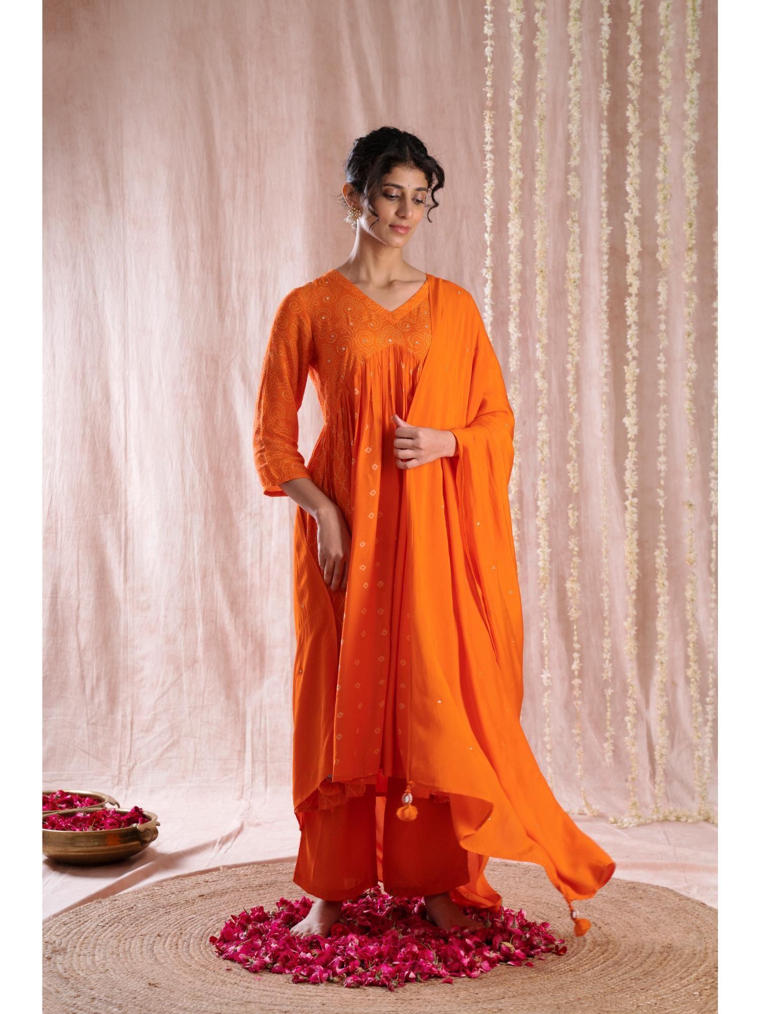 orange-muslin anarkali kurta -pant & dupatta (set of 3)