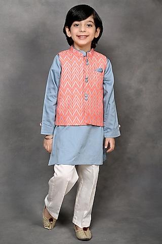 orange muslin chevron printed nehru jacket set for boys