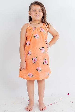 orange muslin floral printed dress for girls