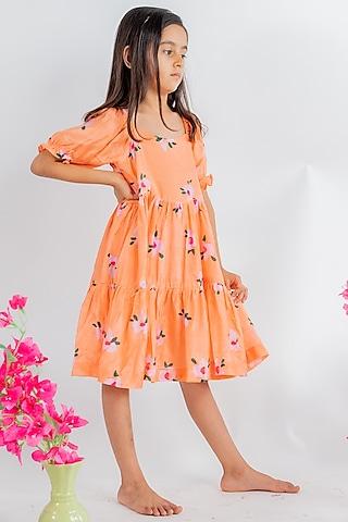orange muslin floral printed tiered dress for girls