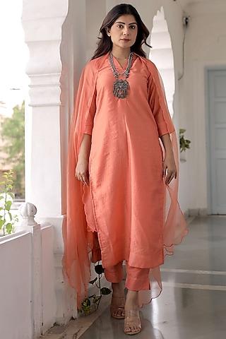 orange muslin hand dyed kurta set