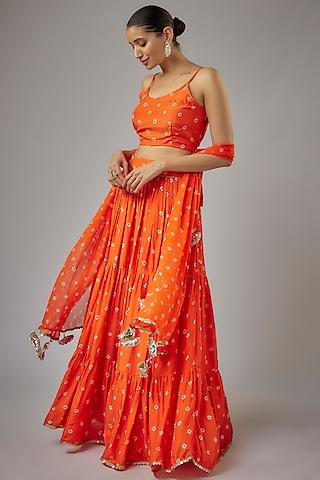 orange muslin hand-tied bandhej printed lehenga set