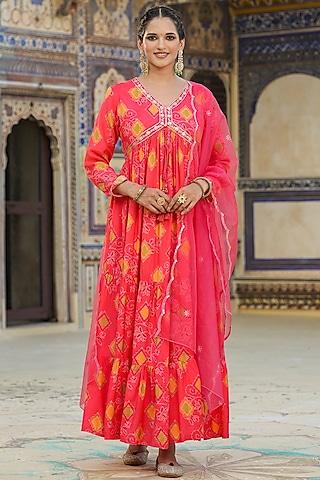 orange muslin silk bandhani printed gathered anarkali set