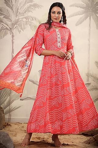 orange muslin silk printed & embellished anarkali set