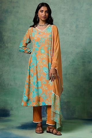 orange muslin silk printed a-line kurta set