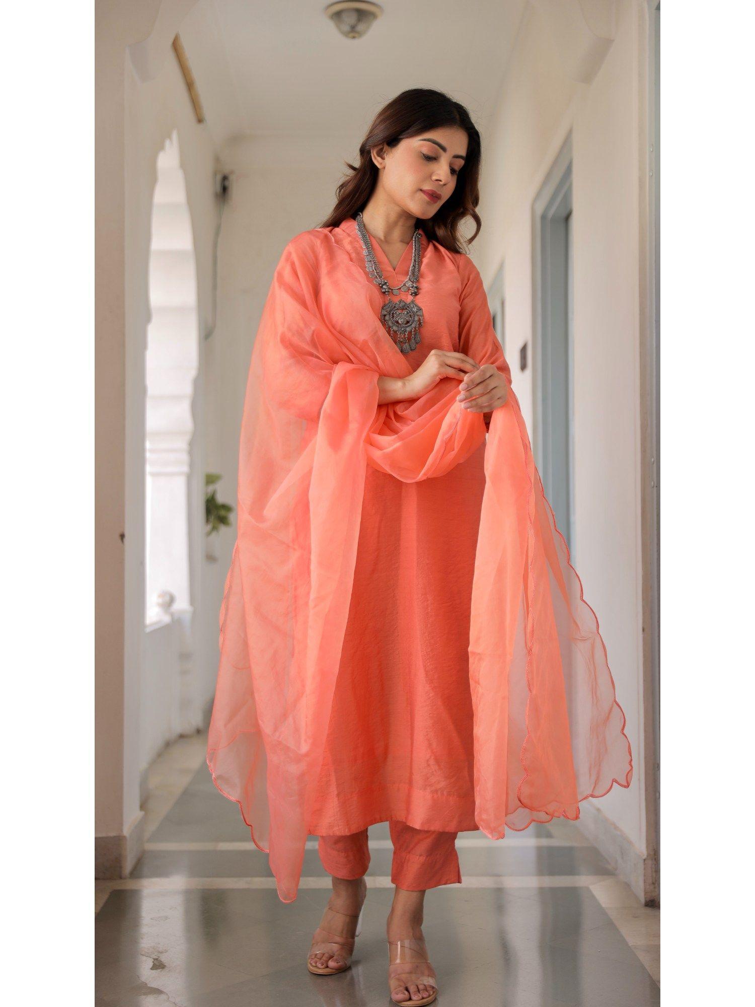 orange muslin straight with organza dupatta (set of 3)