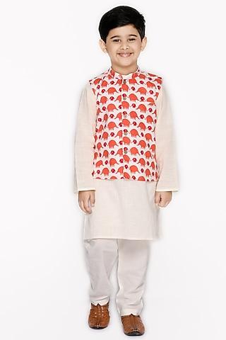 orange nehru jacket with kurta set for boys
