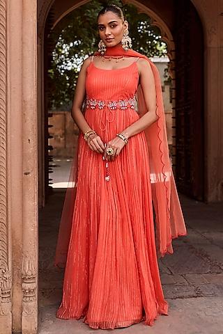 orange net & lurex georgette hand embroidered gathered anarkali set