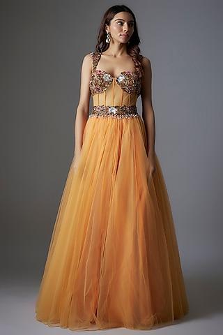 orange net patchwork & botanical printed corset gown