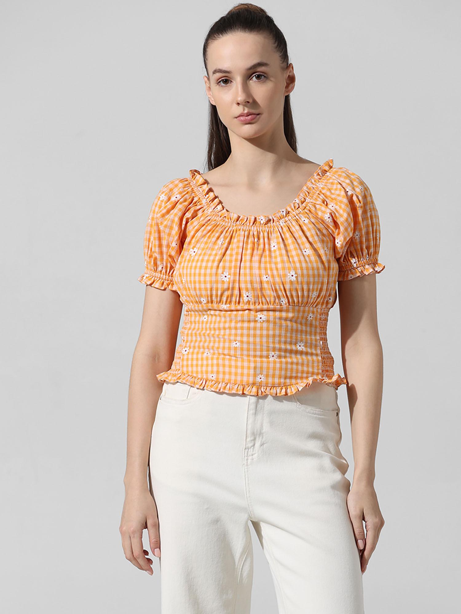 orange off shoulder checked crop top