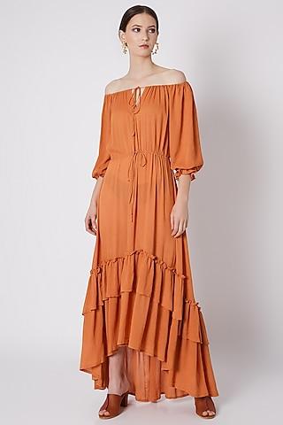 orange off-shoulder ruffled dress