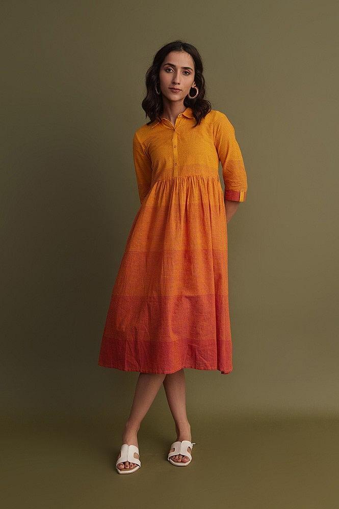 orange ombre shirt collar summer dress