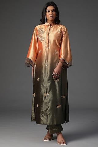 orange ombre velvet embroidered kurta set