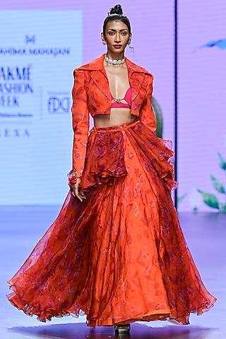 orange organza & crepe printed jacket lehenga set