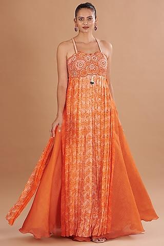 orange organza & raw silk printed anarkali set