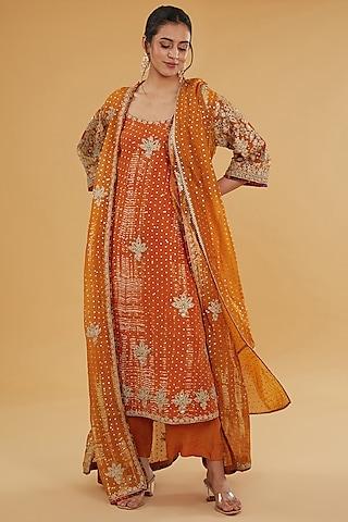 orange organza aari embroidered tie & dye kurta set with jacket