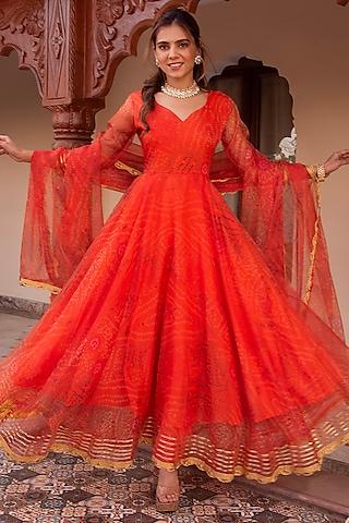 orange organza bandhej printed anarkali set