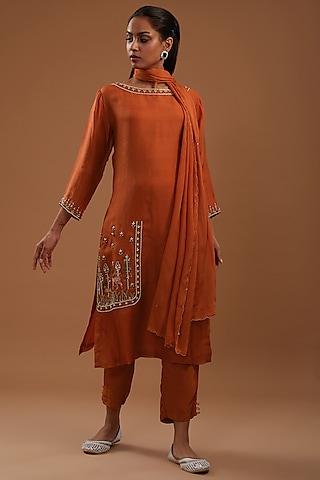 orange organza hand embroidered kurta set