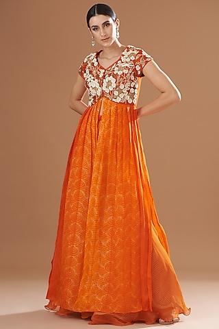 orange organza printed & embroidered anarkali set