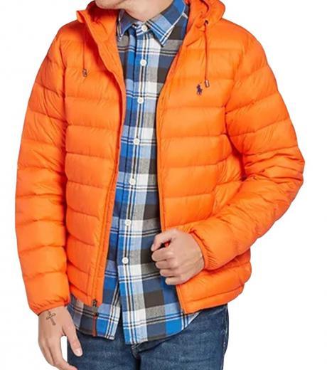 orange packable hooded puffer jacket