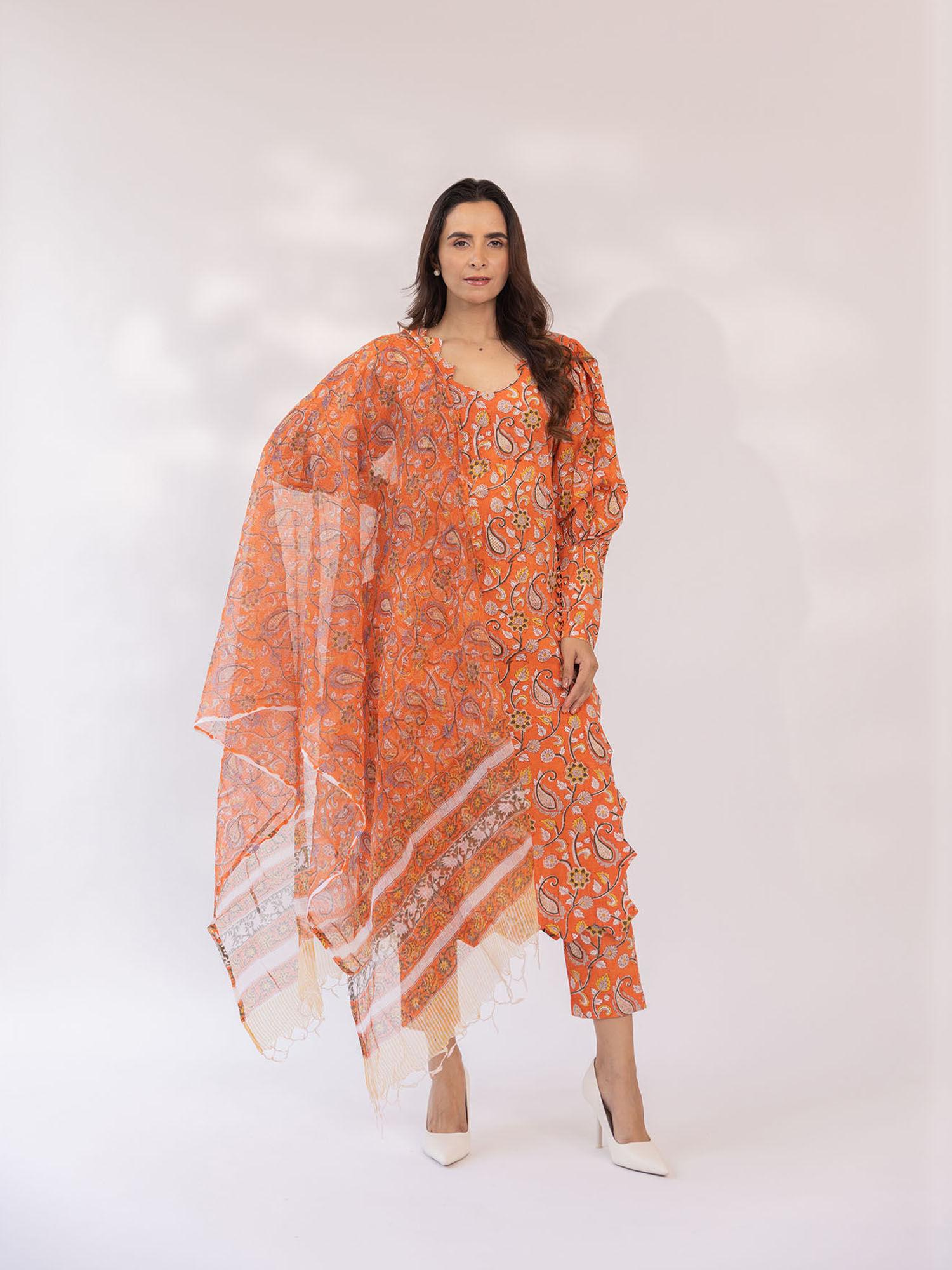 orange paisley printed balloon sleeve v-neck kurta with pant & dupatta (set of 3)