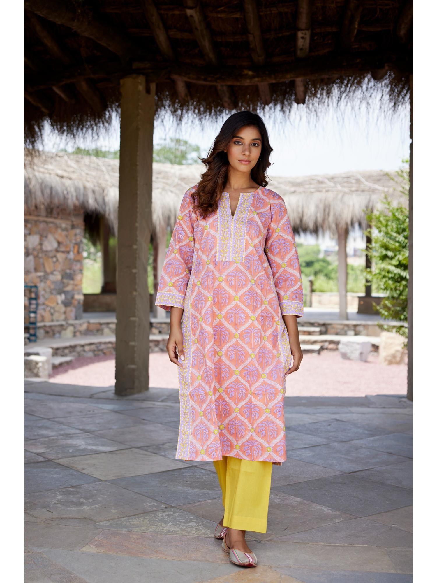 orange palm panel block printed straight kurta