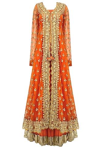 orange pearl studded scalloped hem jacket, blouse and lehenga set